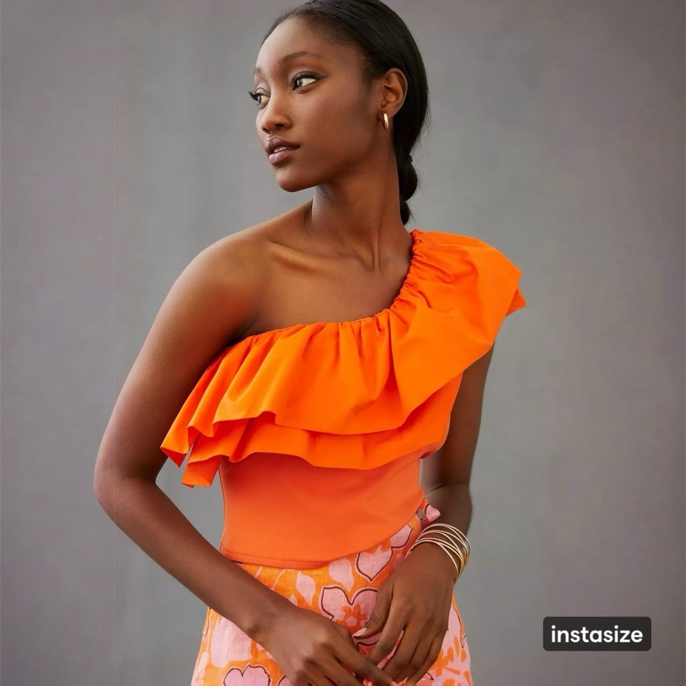 Sunday in Brooklyn Anthro Medium Orange Ruffle Asymmetric One Shoulder Top